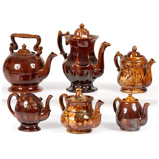 Six Rockingham Glaze Tea and Coffee Pots