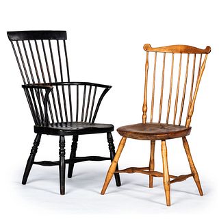 A Black-Painted Comb-Back Windsor Armchair and a Simulated Bamboo Carved Windsor Side Chair