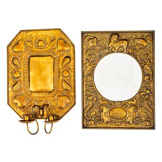A Continental Pressed Brass Mirror and Sconce