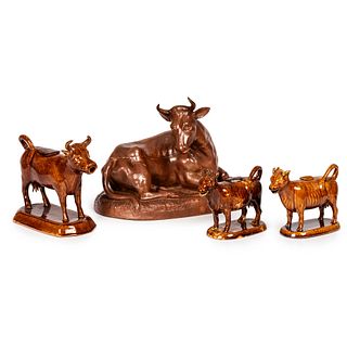 Three Bennington Glazed Cow Creamers and Covered Butter Dish
