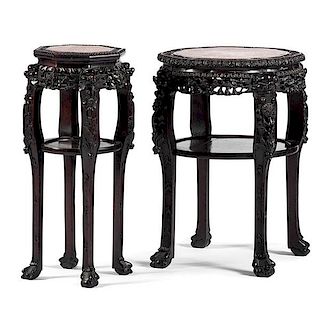 Chinese Carved Rosewood Stands with Marble Tops 