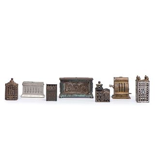 Five Cast Iron Novelty Still Banks and and Two Cash Boxes