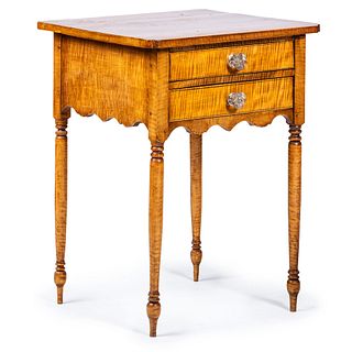 A Late Federal Tiger Maple Work Table, likely Connecticut, Circa 1830