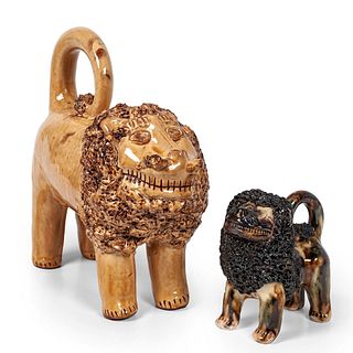 Two Folk Art Pottery Lions, Including One by Billy Ray Hussey