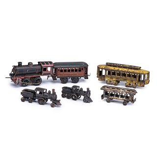 Five Cast Iron and Painted Tin Train Cars and Engines