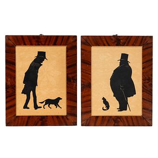 Two Cut Paper Silhouette Portraits of Men With a Dog and Cat