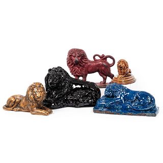 Five Ceramic and Cast Iron Lion Figures
