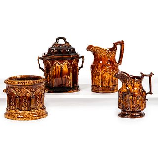 Four Rockingham Glaze Vessels with Gothic Arch Decoration