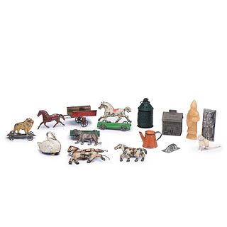 A Group of Painted and Lithograph Decorated Tin Toys