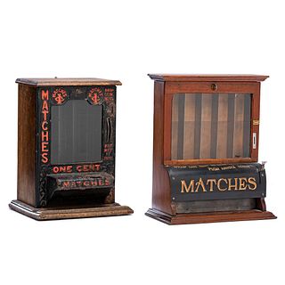Two Wood and Painted Metal Countertop Penny Match Dispensers