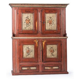 A Scandinavian Painted Pine Step-Back Cupboard, Dated 1831