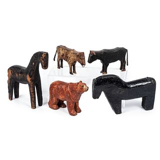 Five Wooden Carved and Painted Folk Art Animals