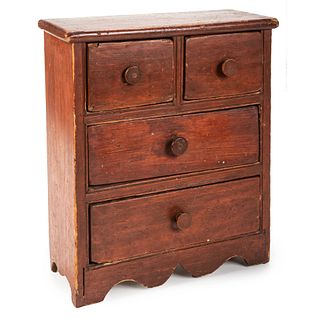 A Red-Painted Pine Miniature Chest of Drawers