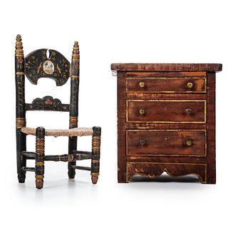 A Miniature Grain Painted Chest of Drawers and Miniature Turned and Painted Chair