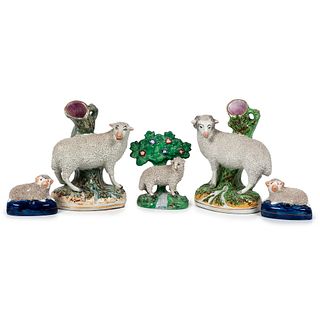 Three Staffordshire Sheep Figures and Two Spill Vases