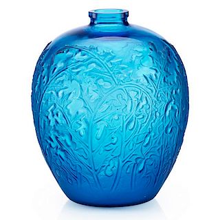 LALIQUE "Acanthes" vase, teal blue glass