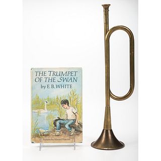 A Painted Trumpet of the Swan Plaque with Trumpet and Book