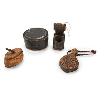 Four Scandinavian Carved and Painted Wooden Boxes and Articles