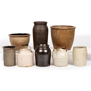 Eight Stoneware Vessels, Including an Ohio Syrup Jug