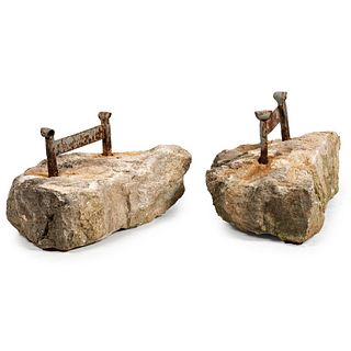 A Rare Pair of Tennessee Wrought Iron Boot Scrapes with Stone Bases