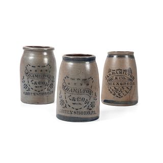 Three Pennsylvania Stoneware Jars with Stenciled Cobalt Patriotic Shields