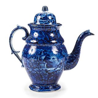 A Staffordshire Blue and White Lafayette at Franklin's Tomb Coffee Pot
