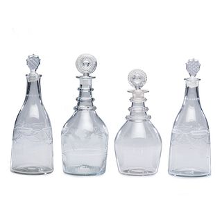 Four Blown and Etched Glass Decanters