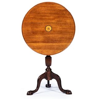 A Late Chippendale Style Marquetry Decorated Mahogany Dished and Tilt-Top Tea Table