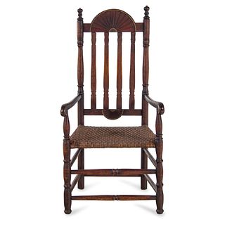 A William and Mary Style Red and Gilt Paint Decorated Bannister Back Woven Splint Seat Armchair, New England