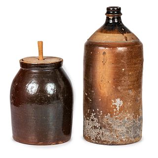 A Stoneware Churn and Bottle with Albany Slip Glaze