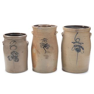 Three Cobalt Decorated Vessels, Including Crocks and a Churn
