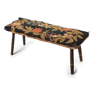 A Red-Painted Pine Windsor Footstool with Appliqué Cover