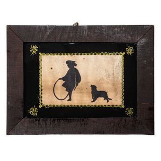 A Cut Paper Silhouette of a Boy and Dog with Charcoal Background