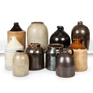 Ten Stoneware Canning Jars, Syrup Pitchers, and Jugs
