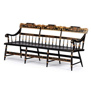 A Classical Parcel Gilt and Black Painted Hitchcock Settle Bench
