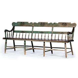 A Classical Stenciled and Green Paint Decorated Windsor Bench