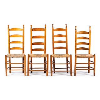 Four William and Mary Ladder Back Rush-Seat Side Chairs, New England