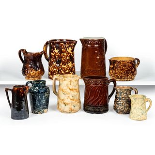 Ten Slip Cast Spatterware and Stoneware Pitchers