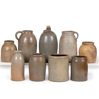 Nine Stoneware Bottles, Jugs, and Jars