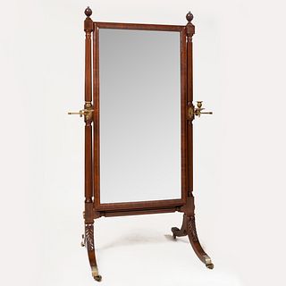 Federal Style Carved Mahogany and Brass Cheval Mirror