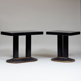 Two Similar American Art Deco Ebonized and Brass Console Tables