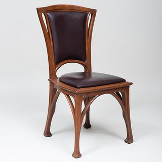 Art Nouveau Carved Oak and Leather Side Chair