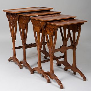 Émile Gallé  Mahogany and Statinwood Marquetry Nest of Four Tables, Signed Gallé
