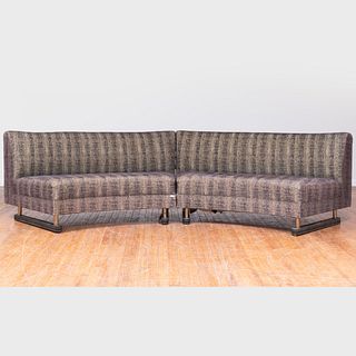 Large Modern Metal-Mounted Leather and Upholstered Curved Sofa