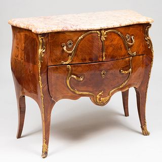 Louis XV Style Gilt-Metal-Mounted Kingwood and Tulipwood Marquetry Commode, Indistinctly Stamped