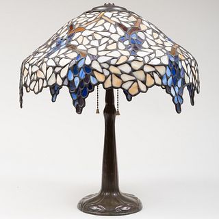 Tiffany Style Leaded Glass Lamp and a Patinated Bronze Base