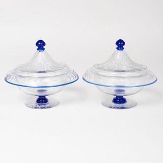 Pair of Etched Glass Dishes and Covers