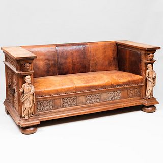 Continental Carved Oak and Leather Figural Sofa