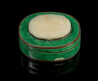 A Chinese Jade Plaque Mounted Green Enamel Box PLAQUE 18TH/19TH CENTURY, BOX 20TH CENTURY Width 4 1/4 x height 1 1/2 inches.