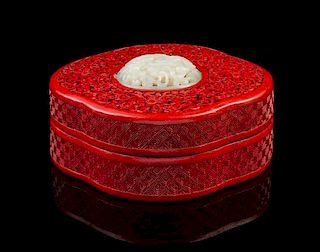 A Chinese Jade Mounted Cinnabar Lacquer Box and Cover JADE MING DYNASTY, LATER BOX Width 5 inches.